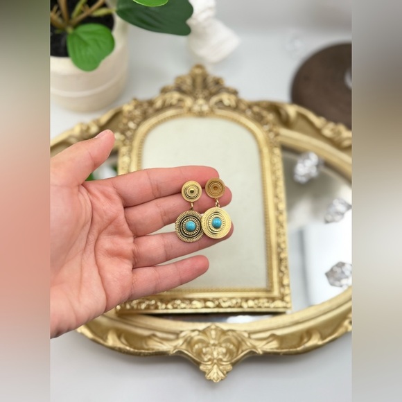 Turquoise Sunburst Drop Earrings – Stainless Steel, PVD Real Gold Plated - Picture 6 of 6